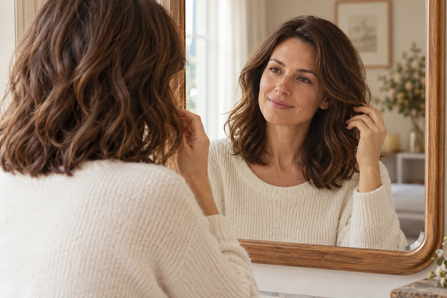 Woman watching her face in a mirror