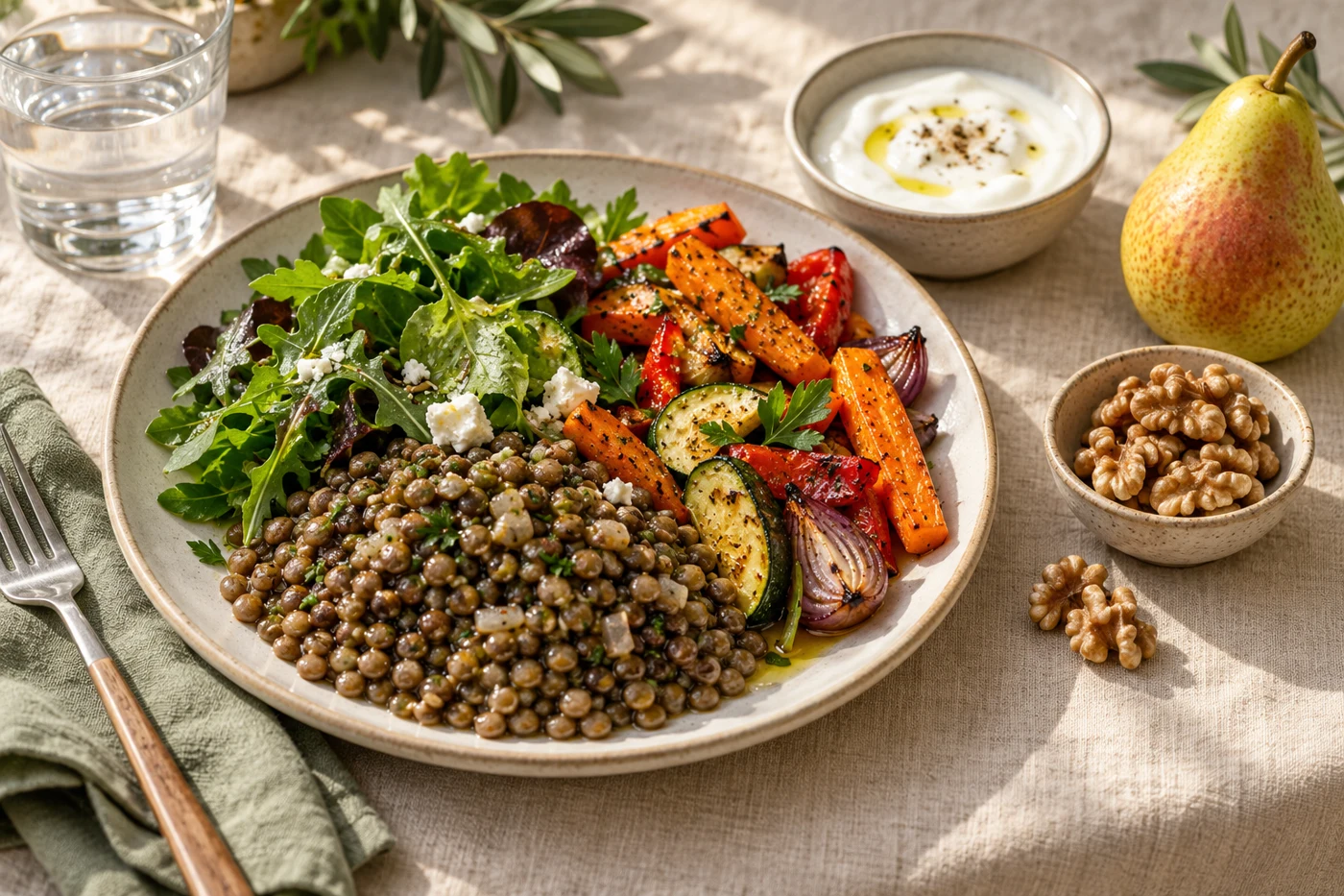 Microbiota and feeding — Dr. Cayatte Plate of vegetables and lentils, fruit, nuts and yogurt