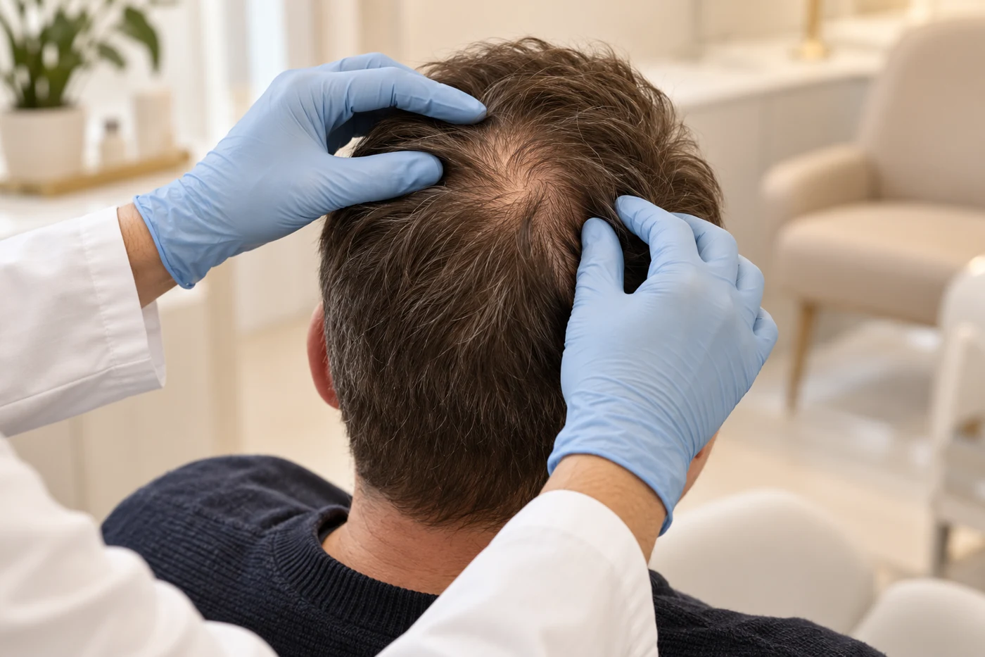 Examination of a man's scalp with gloves